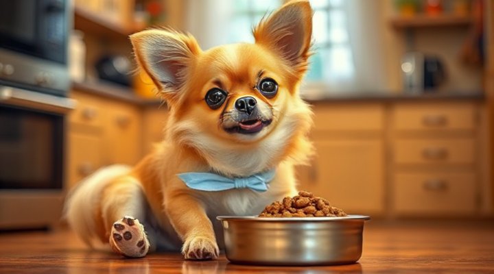 A small breed dog happily eating wet dog food