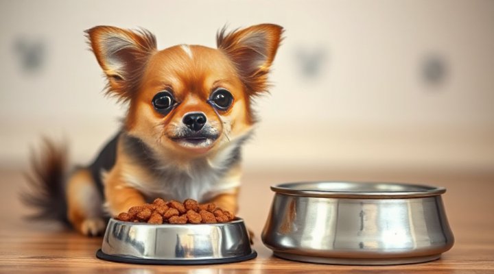 A cute small breed dog happily eating wet dog food