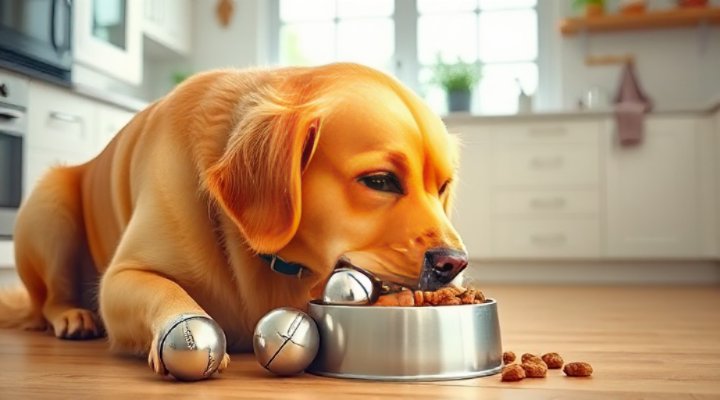 A happy golden retriever enjoying a bowl of Beneful dog food