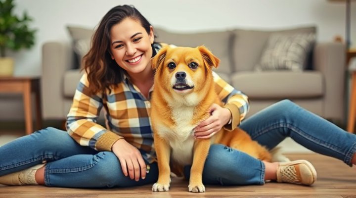 A small breed dog sitting with its owner, looking happy and healthy
