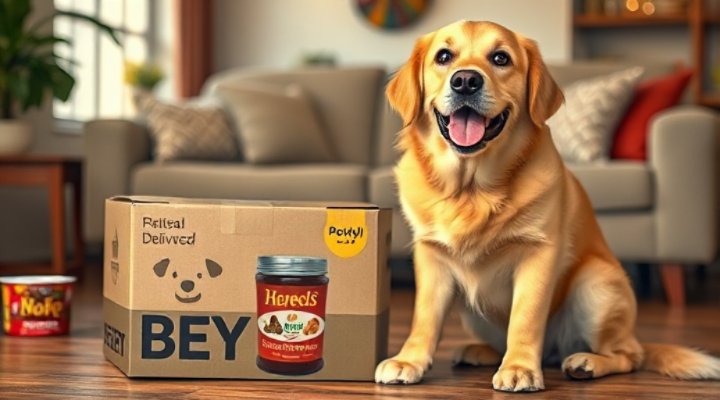 A happy golden retriever with a box of delivered pet food
