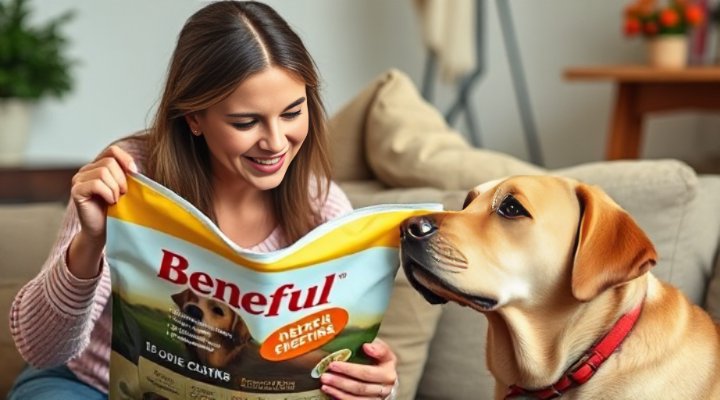 A caring dog owner reading the label on a bag of Beneful dog food
