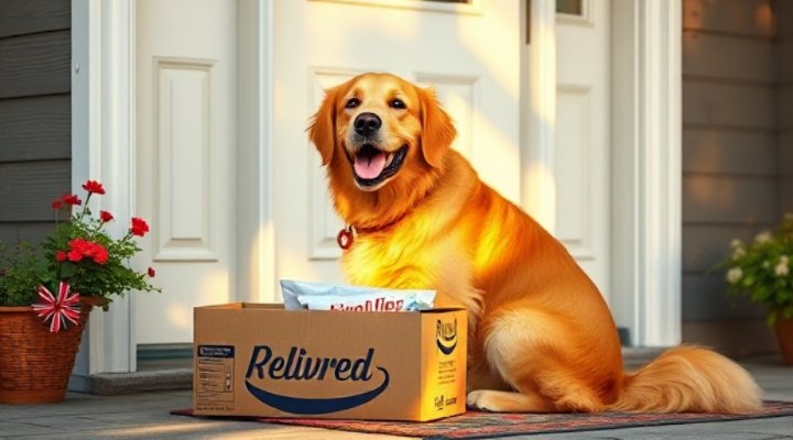 Golden retriever excitedly greeting a delivery of fresh pet food