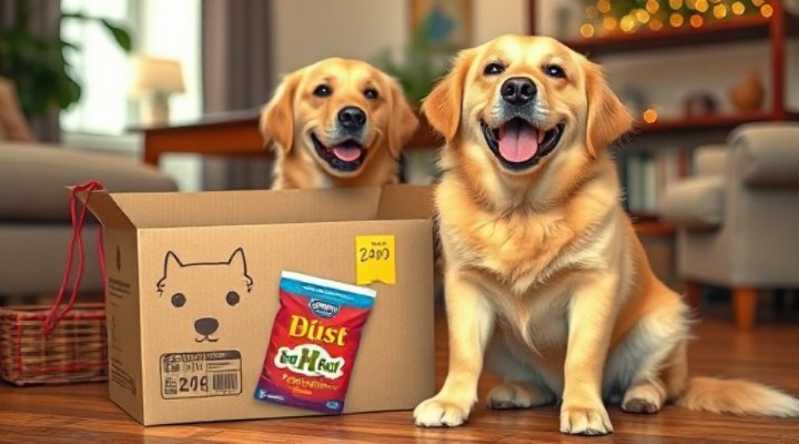 A happy golden retriever receiving a box of pet food delivery