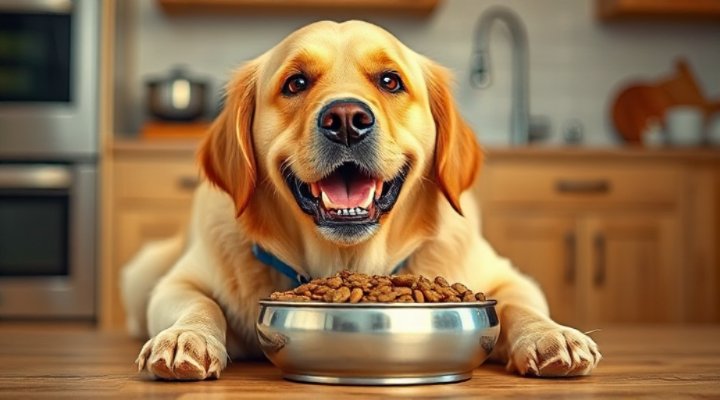 A happy golden retriever enjoying a bowl of human grade dog food