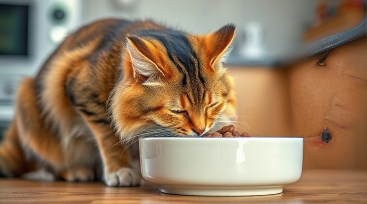 Happy cat eating from a bowl of delivered pet food