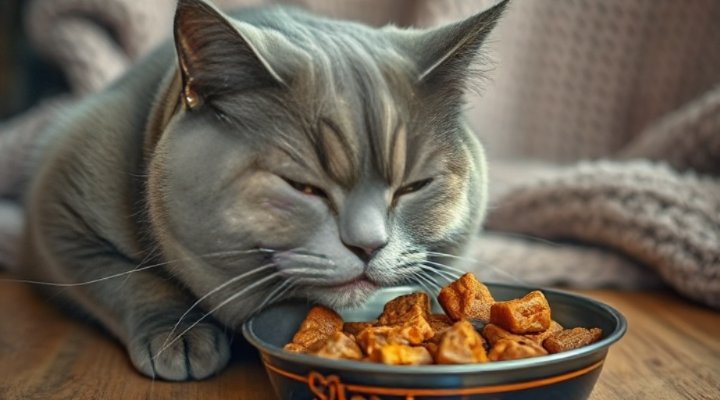 Older cat contentedly eating Sheba cat food with visible meat pieces