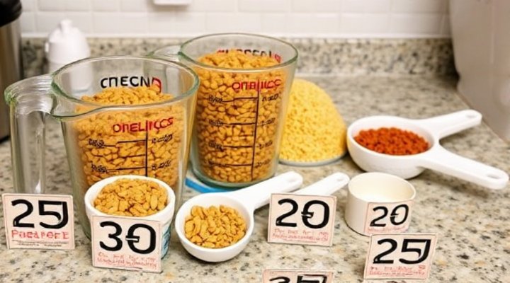 Measuring cups and pet food for accurate portion control during transition