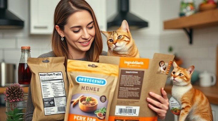 A caring pet owner reading the ingredients label on a pet food delivery package