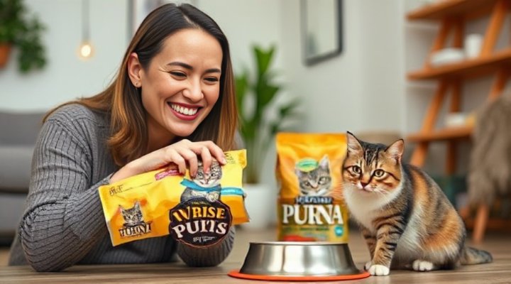 A loving woman feeding her indoor cat Purina cat food