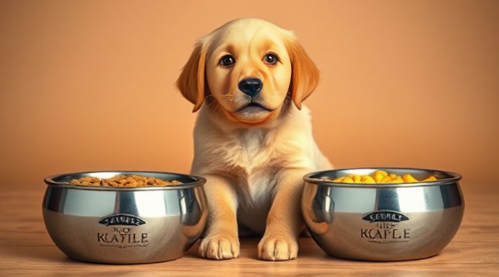 Dog choosing between old and new food during transition