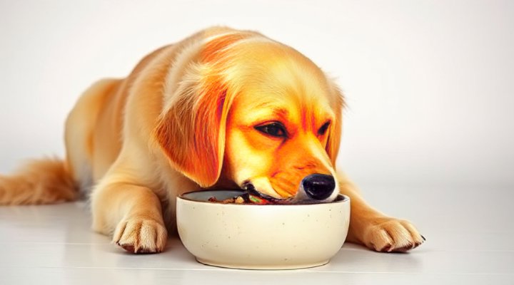 A happy golden retriever eating from a bowl during a food transition