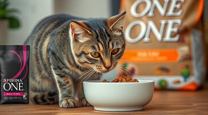 Fluffy gray cat enjoying bowl of Purina ONE dry food
