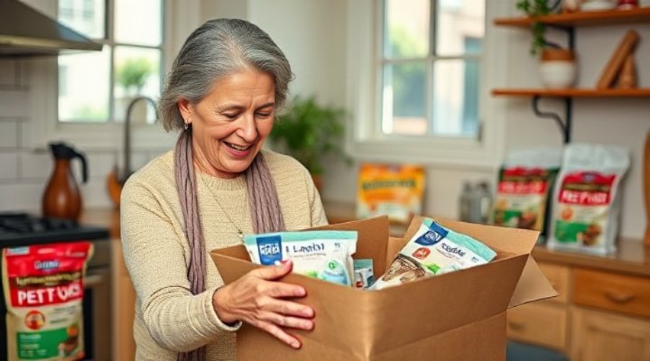 A caring pet owner unpacking a fresh pet food delivery box with smile