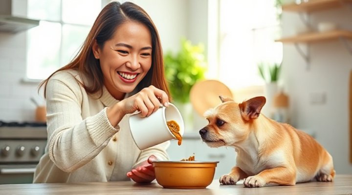 Caring owner preparing wet dog food for their small breed pet