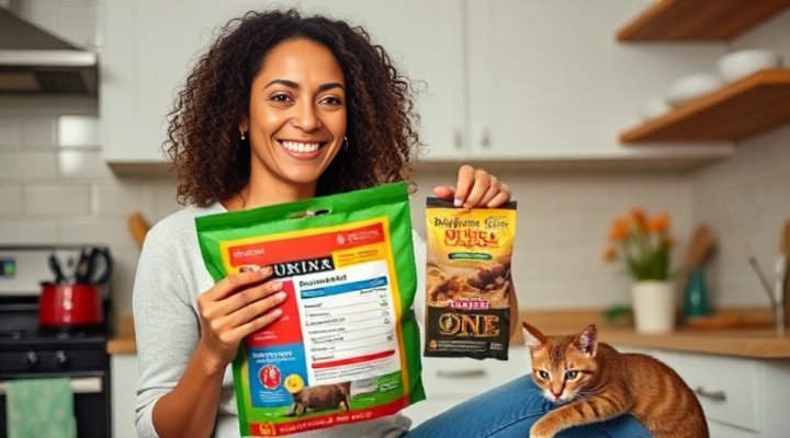 Woman carefully examining Purina ONE cat food ingredients