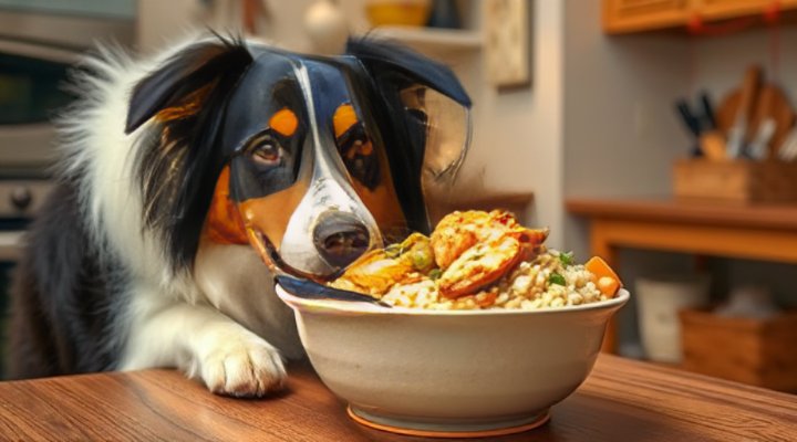 A healthy dog enjoying a homemade meal prepared by its owner