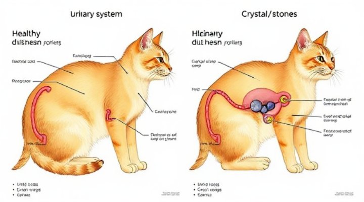 Diagram comparing healthy and unhealthy cat urinary tracts