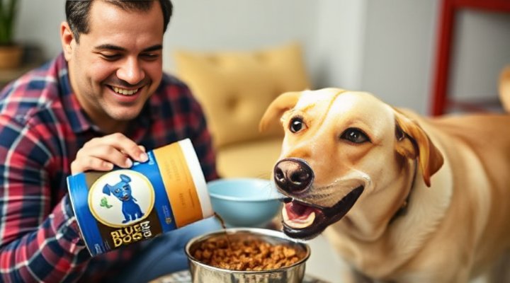 Dog owner feeding Blue Dog Food to their active dog