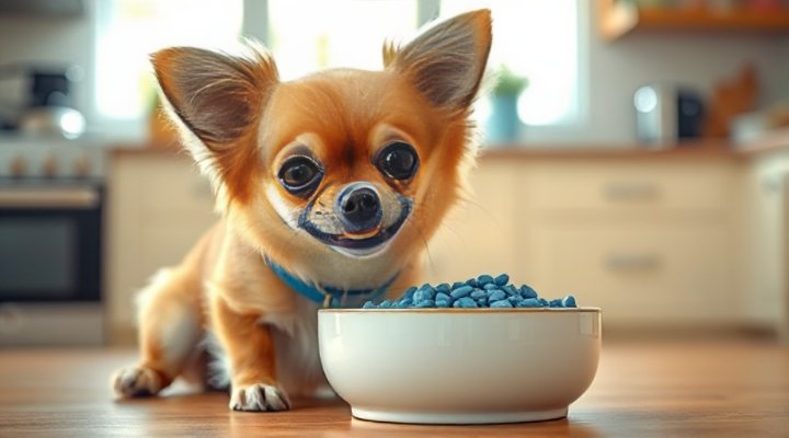 Small breed dog enjoying blue dog food