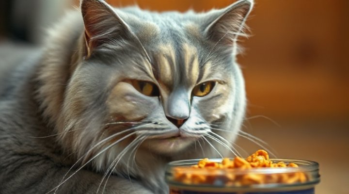 Elderly gray cat licking Science Diet wet food from a dish