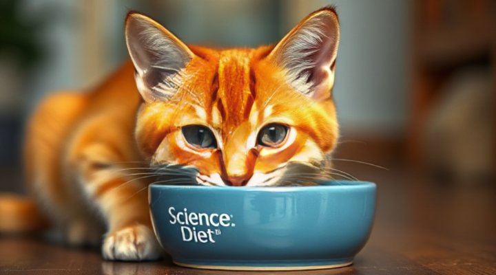 Adorable tabby cat enjoying Science Diet dry food from a ceramic bowl