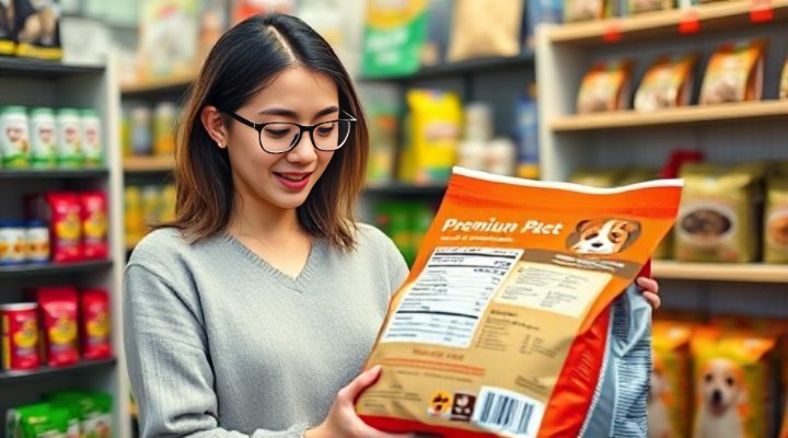 Woman carefully reading dog food ingredient labels