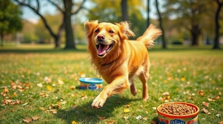 Active dog running in a park with Blue Dog Food