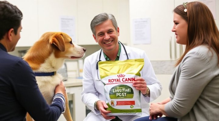 A veterinarian discussing Royal Canin Gastrointestinal Low Fat with a dog owner