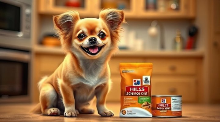 Cute small dog eating Hills Science Diet food