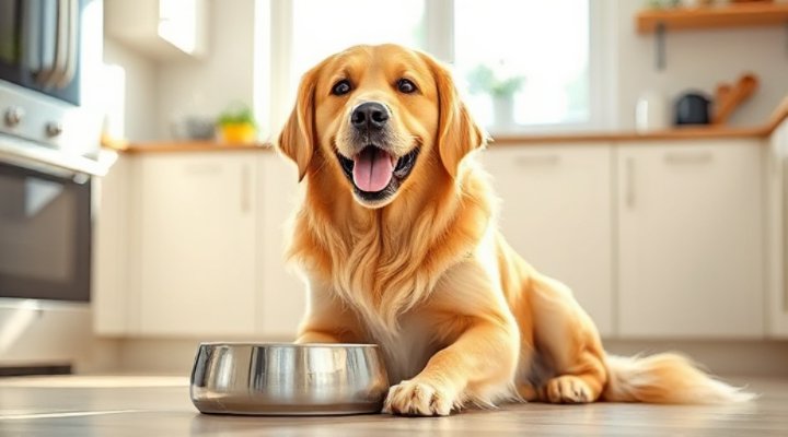 A happy golden retriever enjoying a bowl of Hills Science Diet dog food