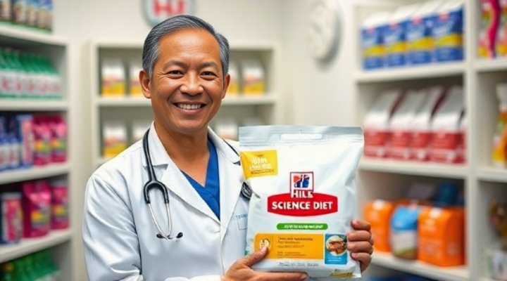 A friendly veterinarian holding a bag of Hills Science Diet and smiling