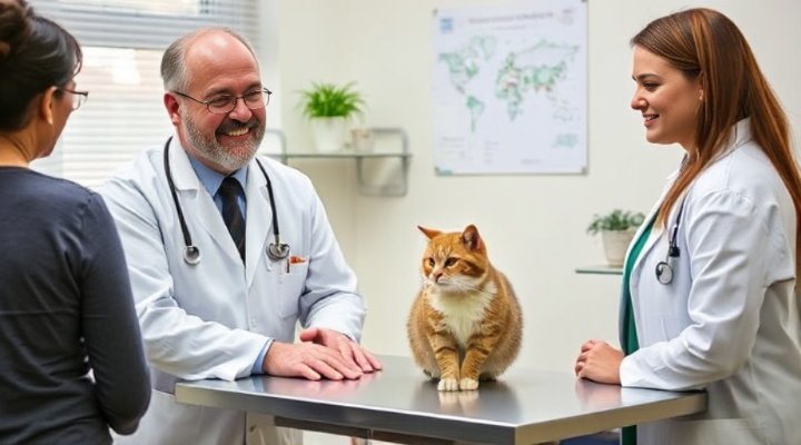 A veterinarian explaining urinary health to a cat owner