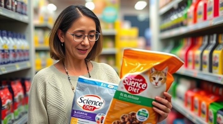 Responsible pet owner examining Science Diet cat food label