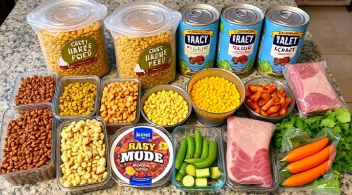 Variety of dog food including dry kibble, wet food, and raw food