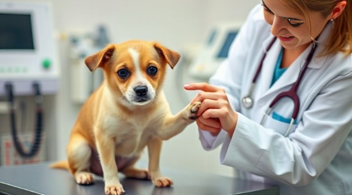 Veterinarian checking a small dog