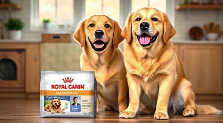 A happy golden retriever enjoying a bowl of Royal Canin Gastrointestinal Low Fat dog food