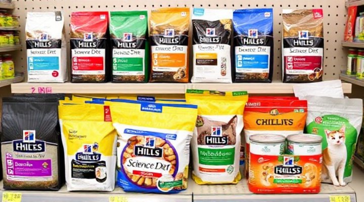 Assorted Hills Science Diet products for dogs and cats displayed on a table