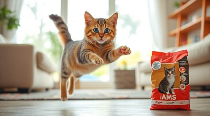 Indoor cat active and playful after eating Iams cat food
