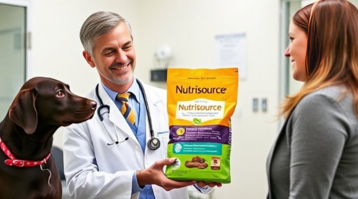 A veterinarian recommending Nutrisource dog food to a pet owner