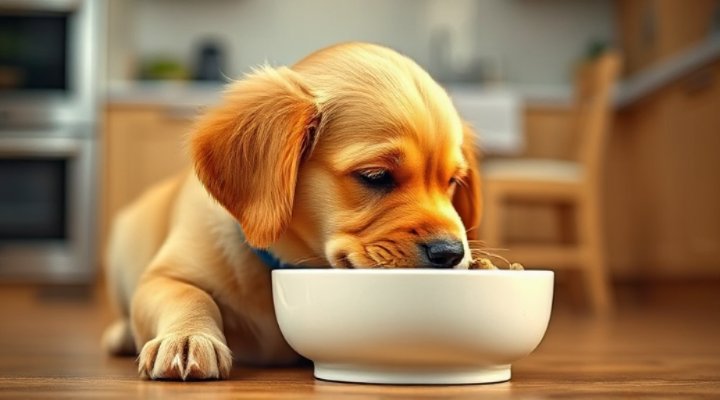 Golden retriever enjoying specially formulated sensitive stomach dog food