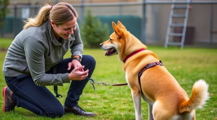 A professional dog trainer helping a dog with behavioral issues