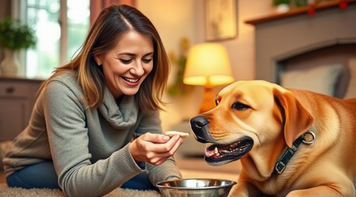 A loving pet owner feeding their dog Merrick dog food