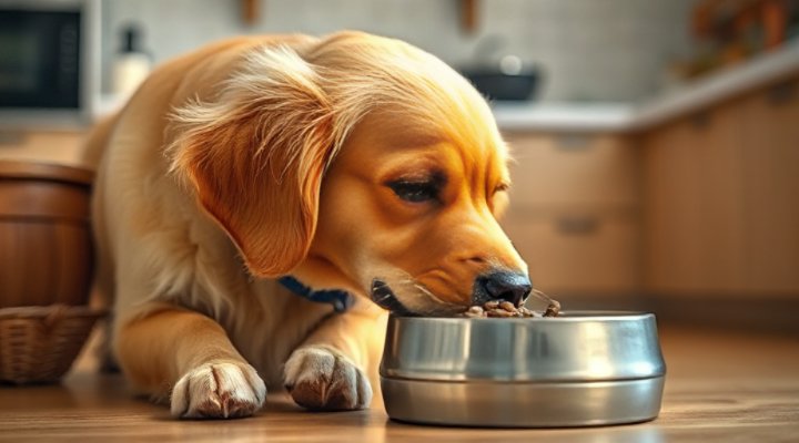A cute golden retriever looking at a bowl of dog food
