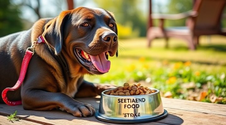 A happy dog eating from a bowl of specialized dog food