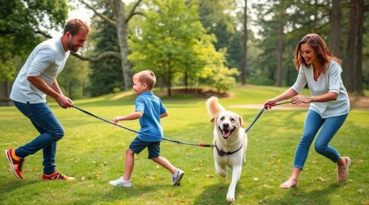 Family with well-trained dog