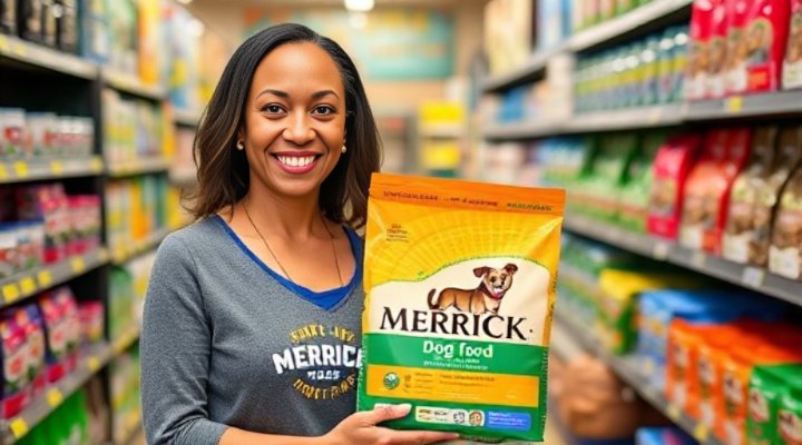 A caring pet owner selecting Merrick dog food at a store