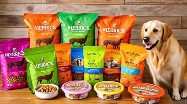 Assorted Merrick dog food products displayed on a table