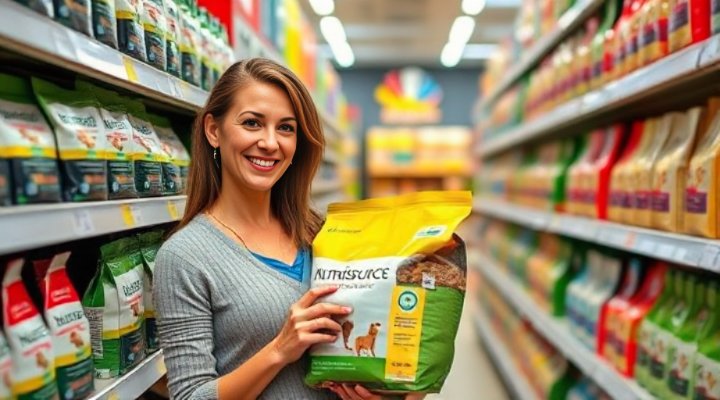 A caring pet owner selecting Nutrisource dog food at a store
