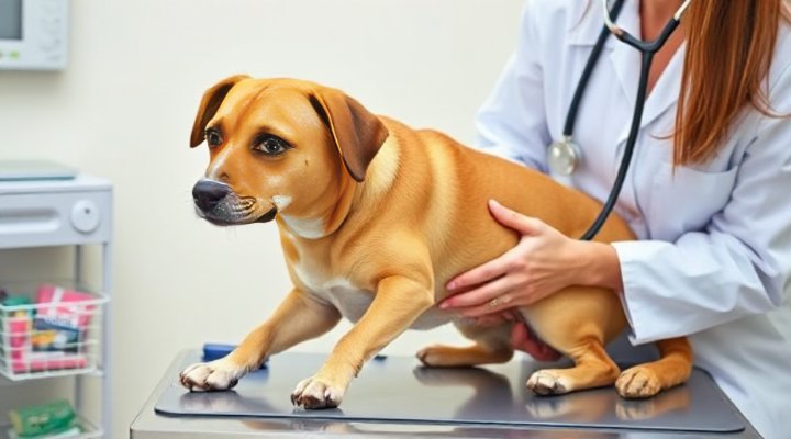 Veterinarian examining a dog with digestive issues